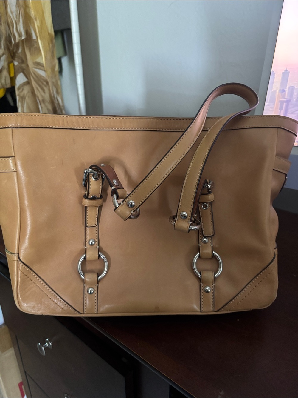 COACH Tan Leather Tote with Ring-Detail Straps - Picture 3 of 3
